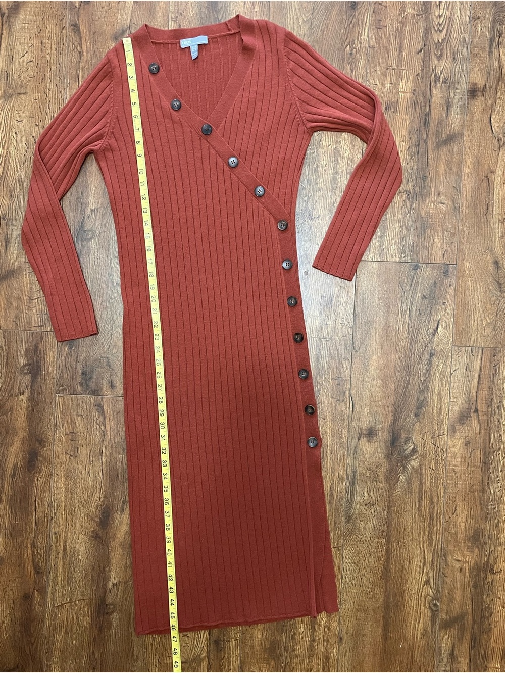ASOS Rust Ribbed Button-Trim Long Sleeve Midi Dress - Picture 9 of 9